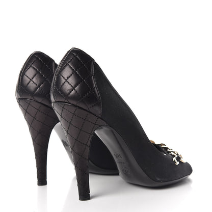 Chanel Nylon Lambskin Quilted Chain Peep Toe Pumps 37.5 Black 4 of 13