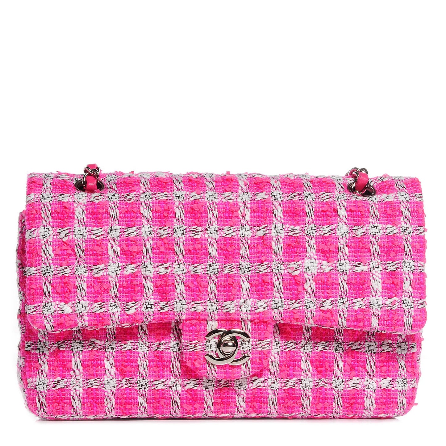 Tweed Medium Double Flap Fuchsia White