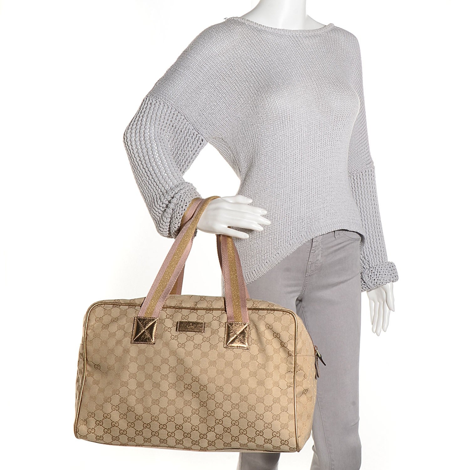 Gucci GG Monogram Web Medium Collapsible Carry On Duffle Beige Gold 2 of 8