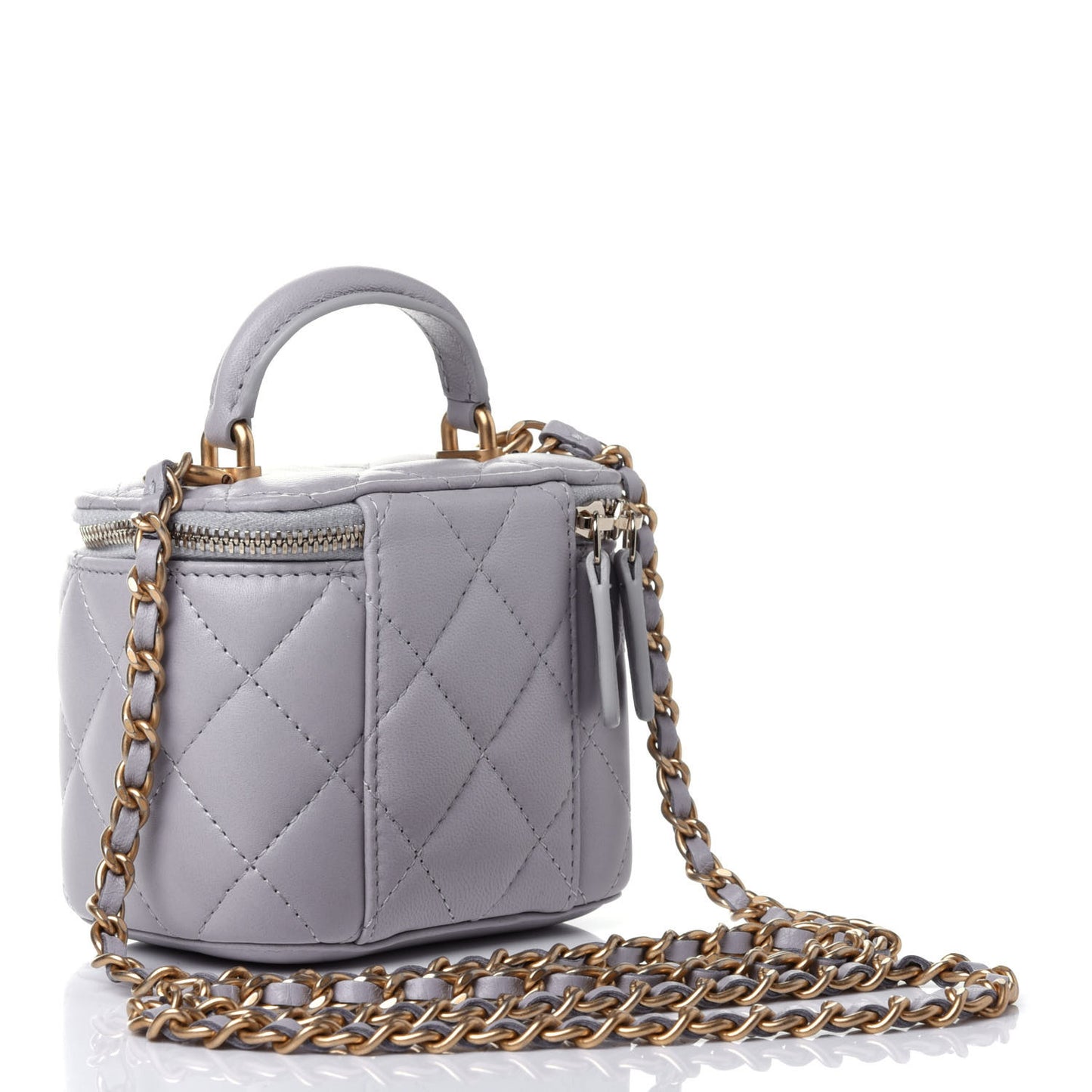 Lambskin Quilted Top Handle Mini Vanity Case With Chain Grey