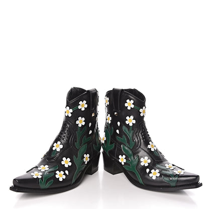 Valentino Garavani Calfskin Ranch Daisy Applique Ankle Boots 39 Black 6 of 13