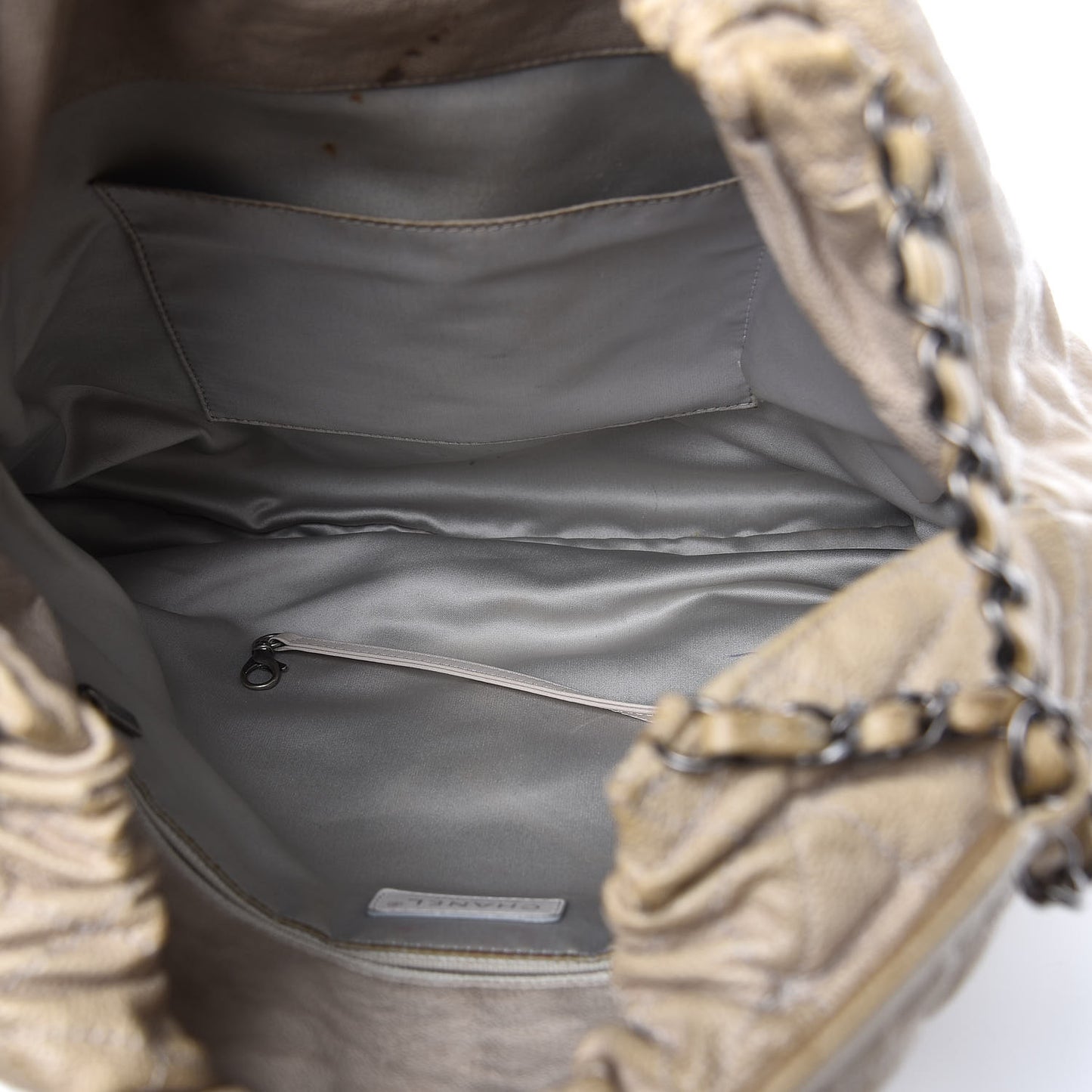 Distressed Glazed Caviar Quilted Large Elastic Tote Beige