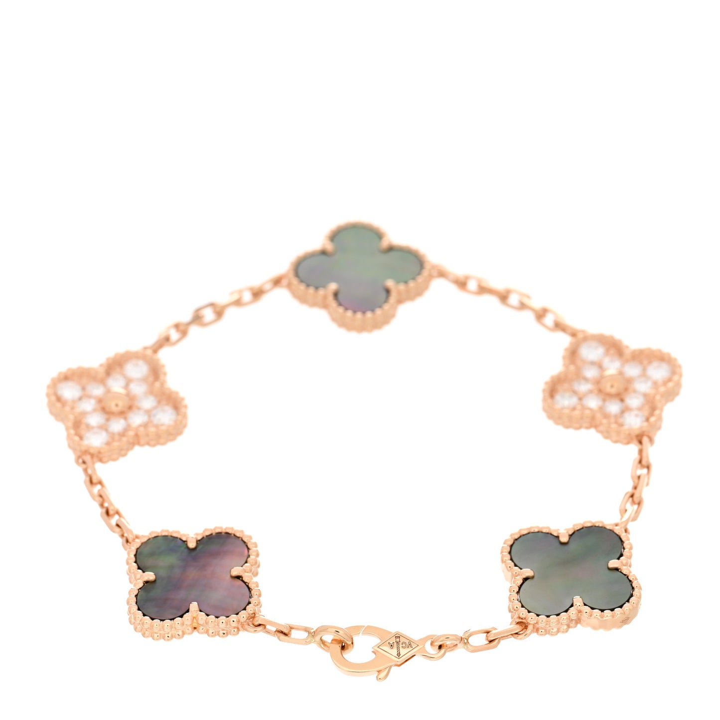 18K Rose Gold Diamond Gray Mother of Pearl 5 Motifs Vintage Alhambra Bracelet
