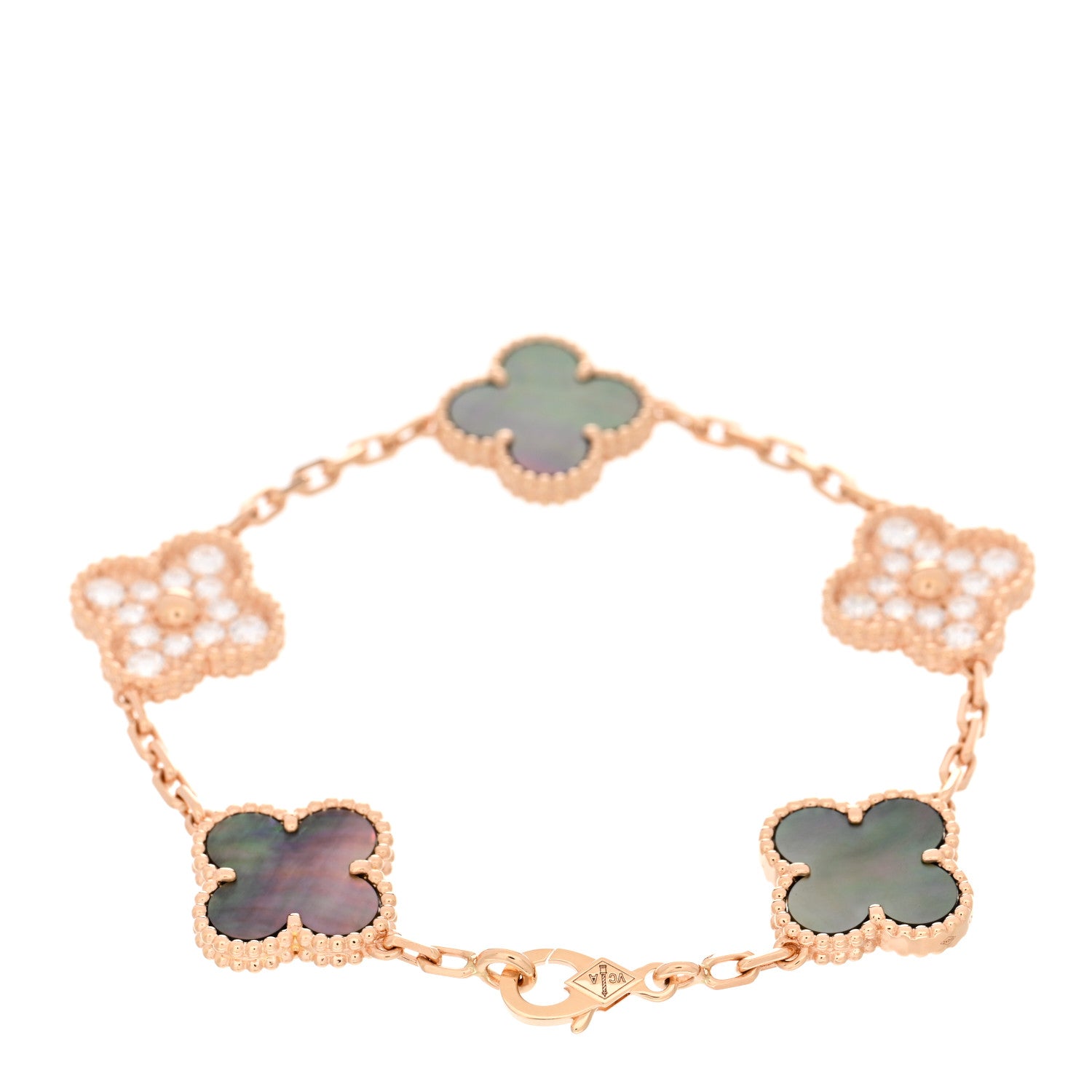 Van Cleef & Arpels 18K Rose Gold Diamond Gray Mother of Pearl 5 Motifs Vintage Alhambra Bracelet 2 of 4