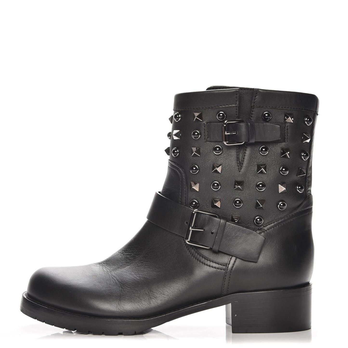 Calfskin Onyx Rockstud Rolling 30mm Biker Boots 37.5 Black