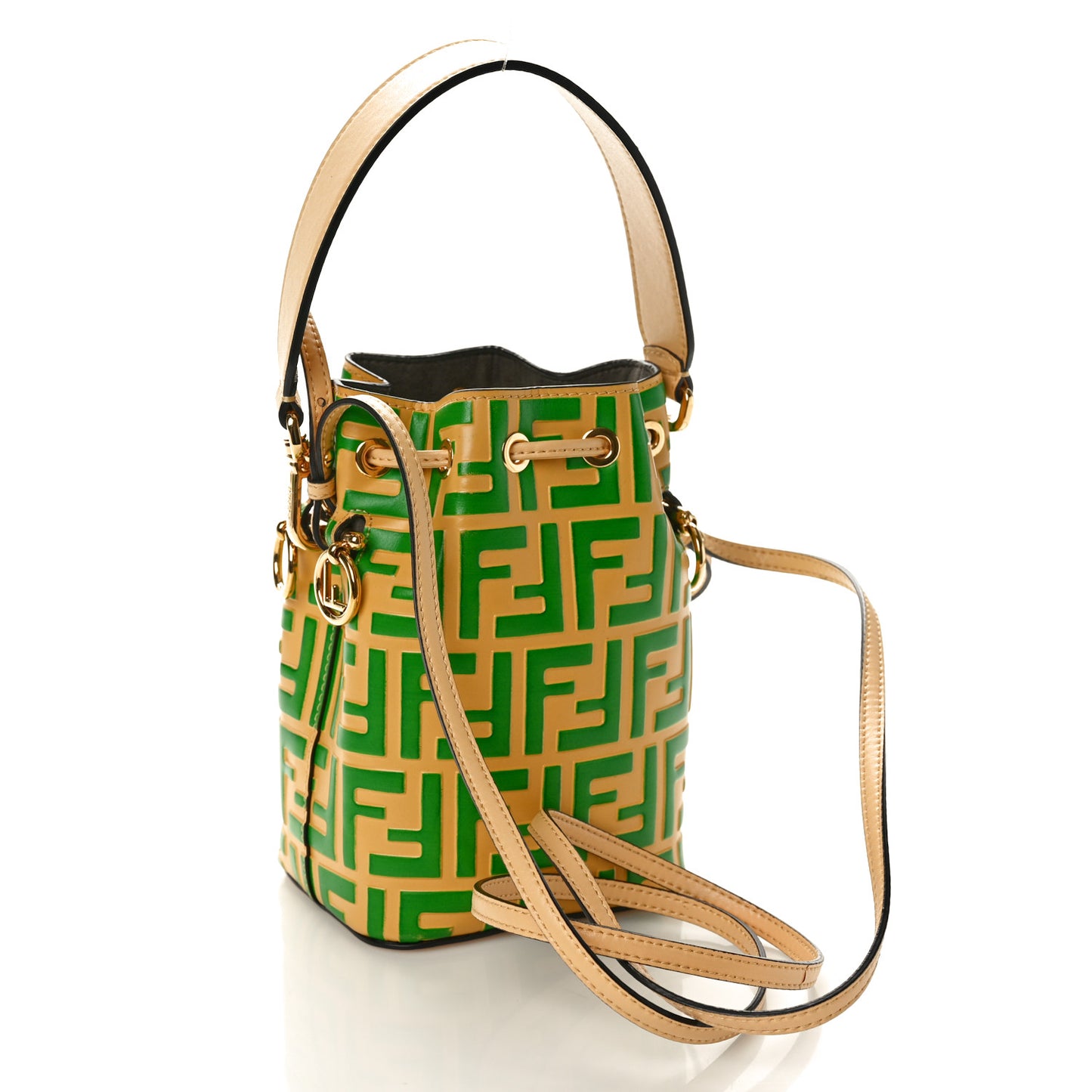 Vitello Liberty F is Fendi Bi-Color FF 1974 Embossed Mini Mon Tresor Bucket Bag Paglia Tomatillo