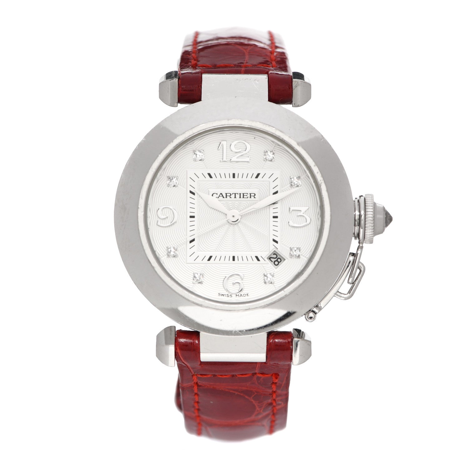 Cartier 18K White Gold Diamond Alligator 32mm Pasha C Automatic Watch Red 1 of 6