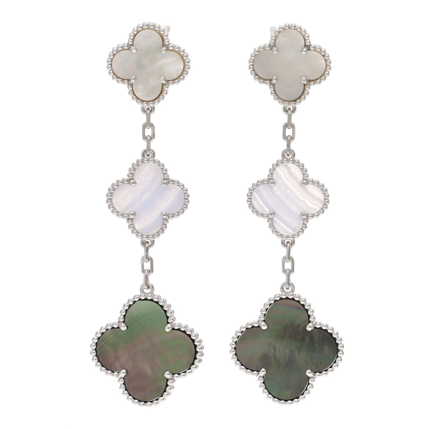 Van Cleef & Arpels 18K White Gold Mother of Pearl Chalcedony 3 Motifs Magic Alhambra Earrings 1 of 5