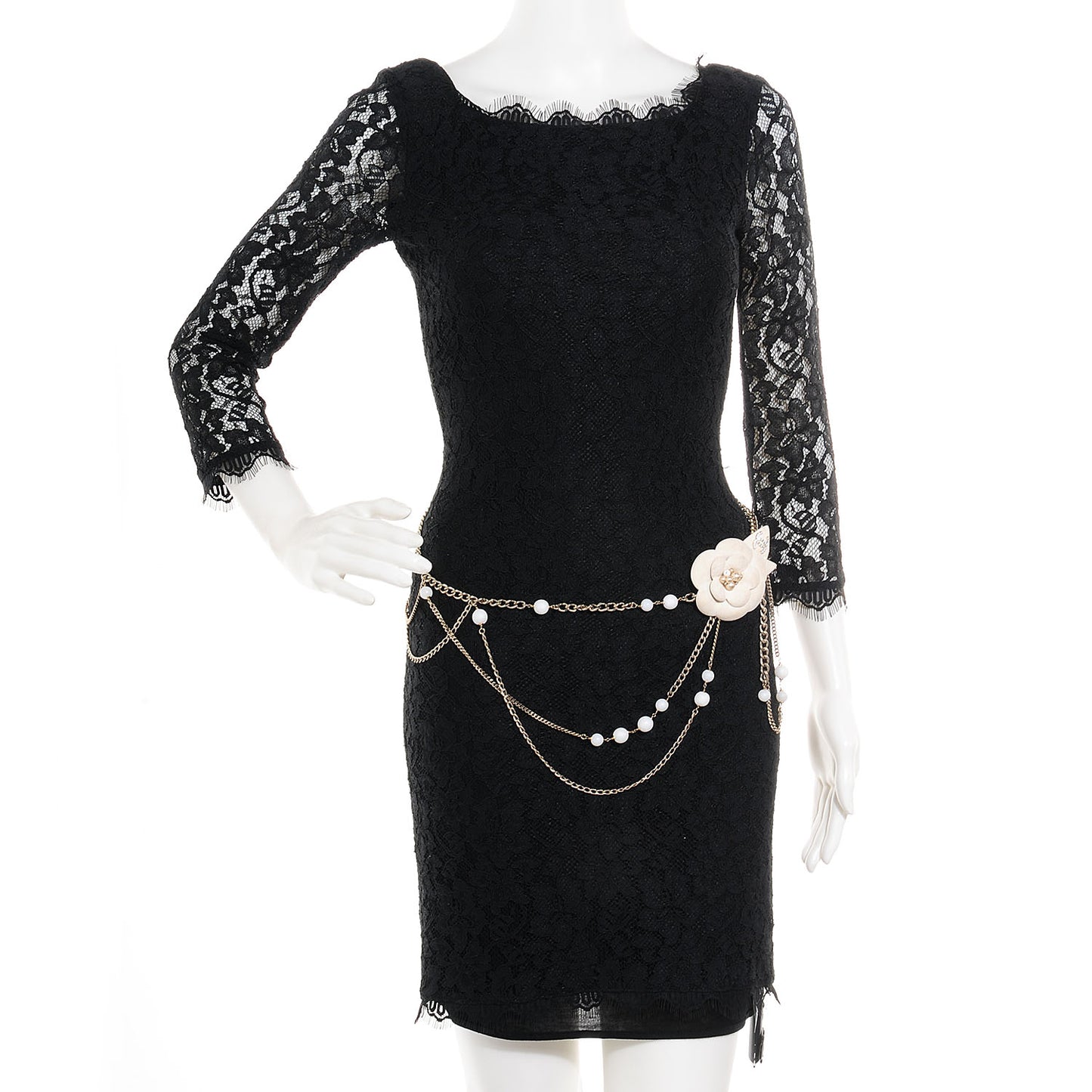 Pearl Crystal Beaded Camellia Chain Belt Gold White