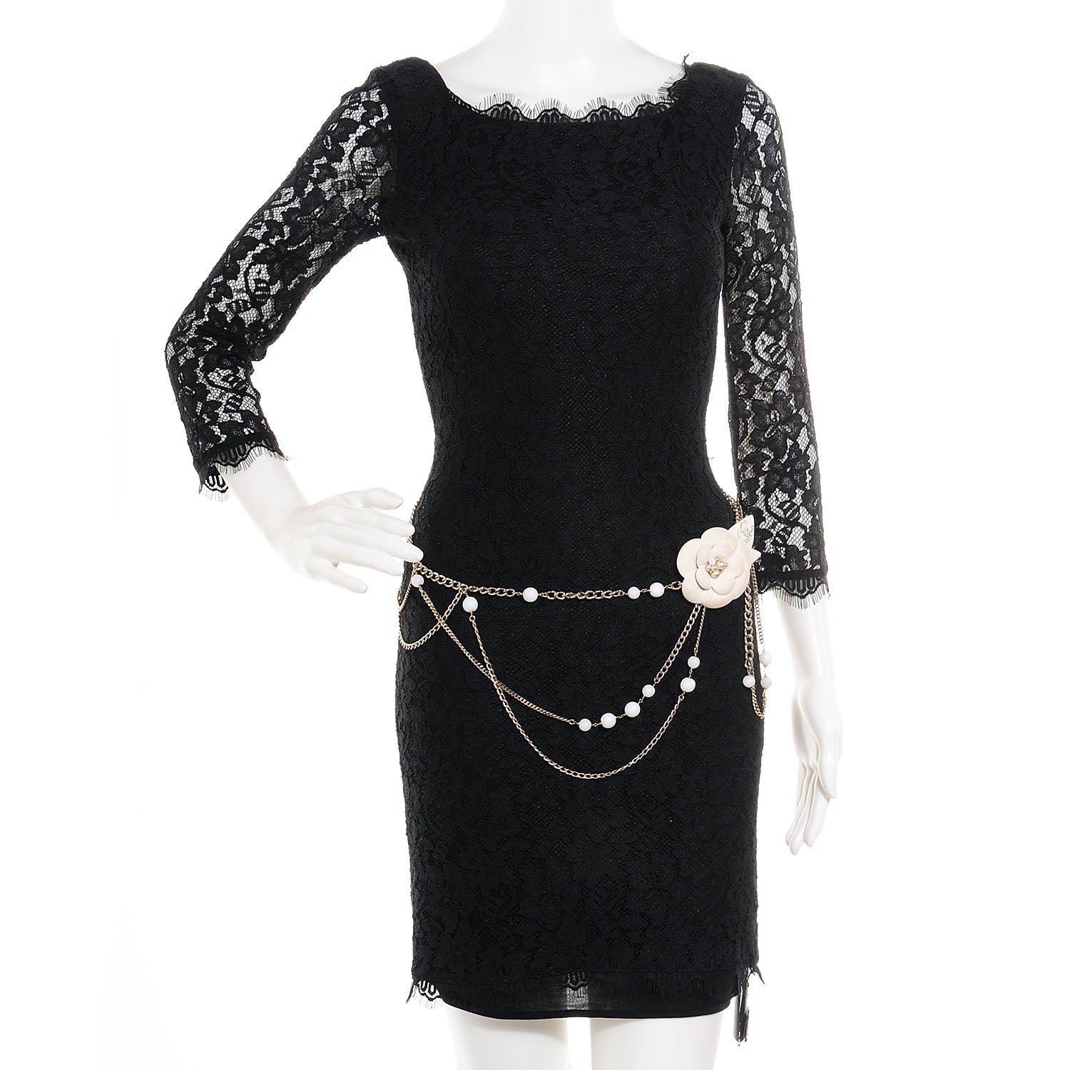 Chanel Pearl Crystal Beaded Camellia Chain Belt Gold White 2 of 6