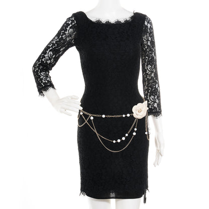 Chanel Pearl Crystal Beaded Camellia Chain Belt Gold White 2 of 6