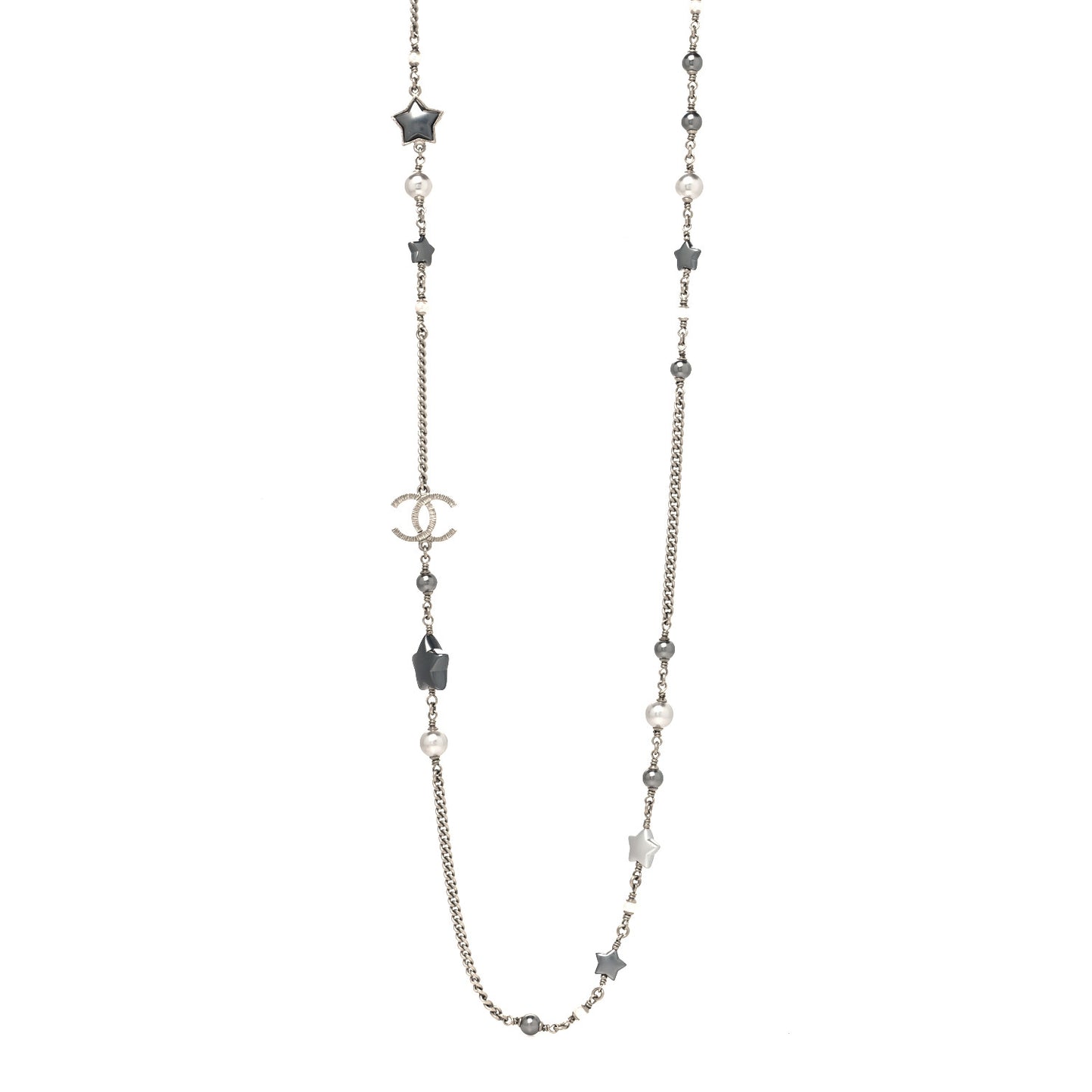 Resin Pearl Star CC Necklace Grey Silver