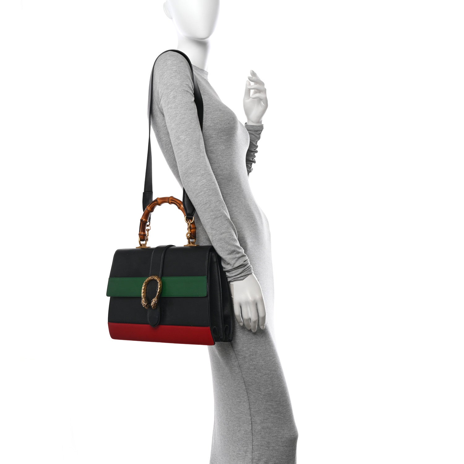 Gucci Calfskin Bamboo Web Large Dionysus Top Handle Bag Black Bright Evergreen Hibiscus Red 2 of 14
