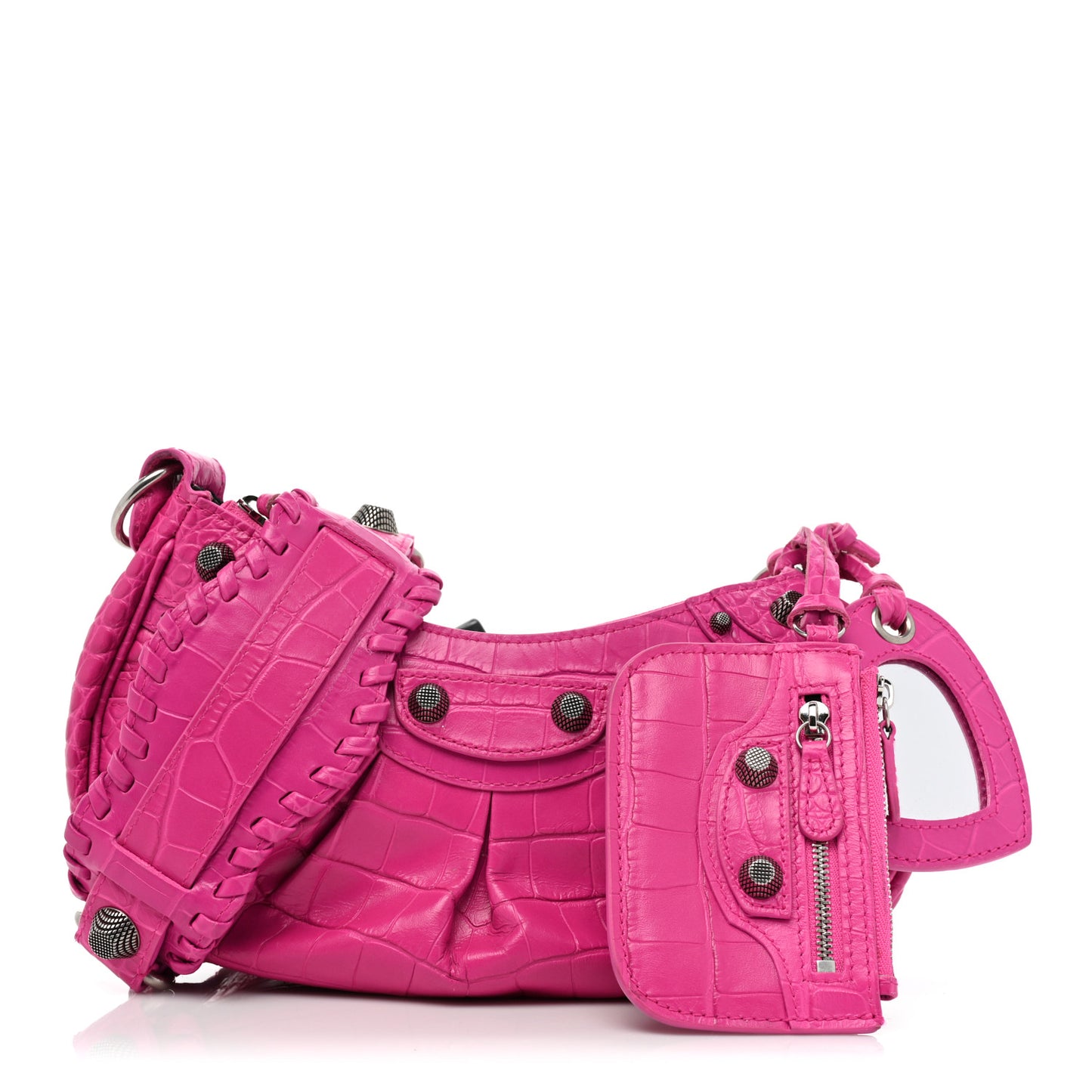 Extra Supple Calfskin Crocodile Embossed XS Le Cagole Shoulder Bag Lipstick Pink