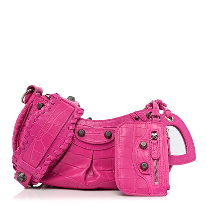 Balenciaga Extra Supple Calfskin Crocodile Embossed XS Le Cagole Shoulder Bag Lipstick Pink 3 of 12