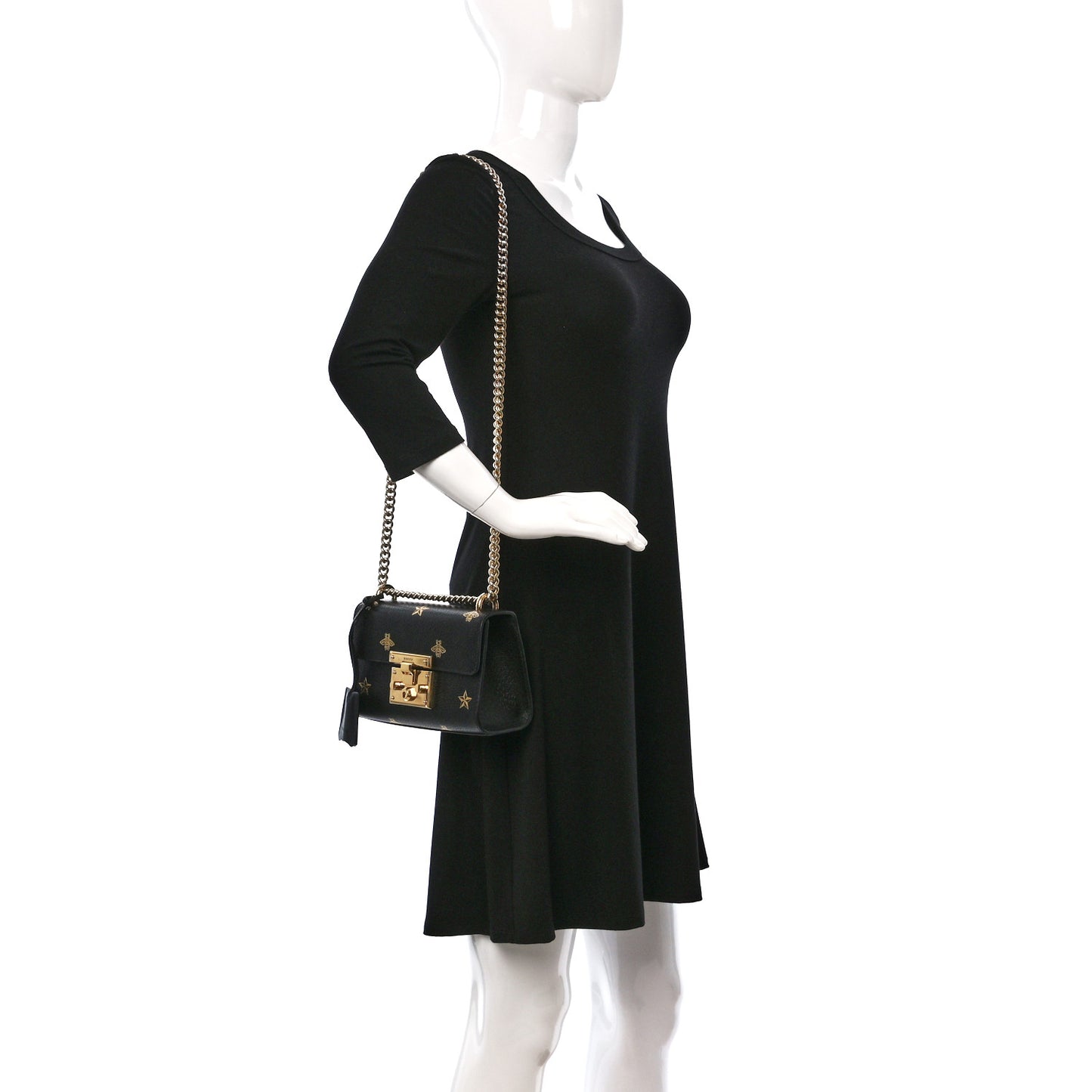 Grained Calfskin Bee Star Small Padlock Shoulder Bag Black