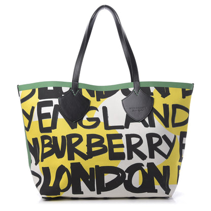 Burberry Canvas Giant Logo Graffiti Print Reversible Tote Black Green 1 of 16