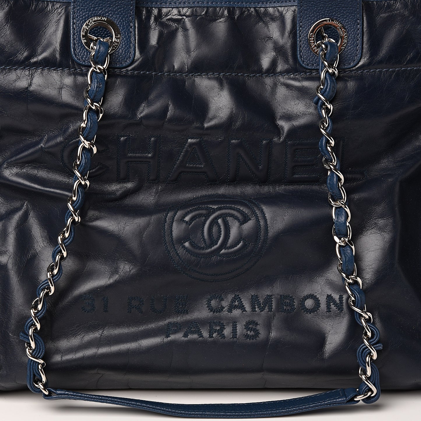 Glazed Calfskin Medium Deauville Tote Blue