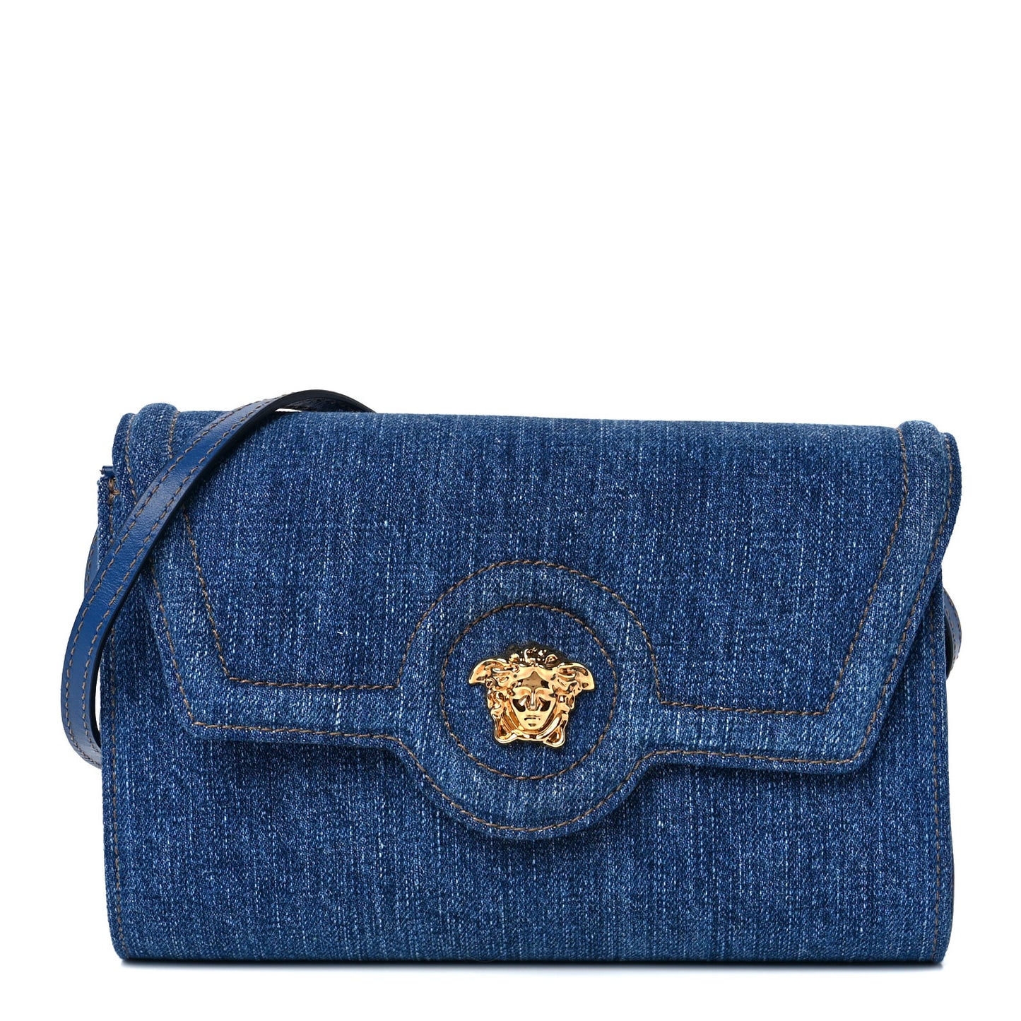 Denim La Medusa Wallet On Strap Navy Blue