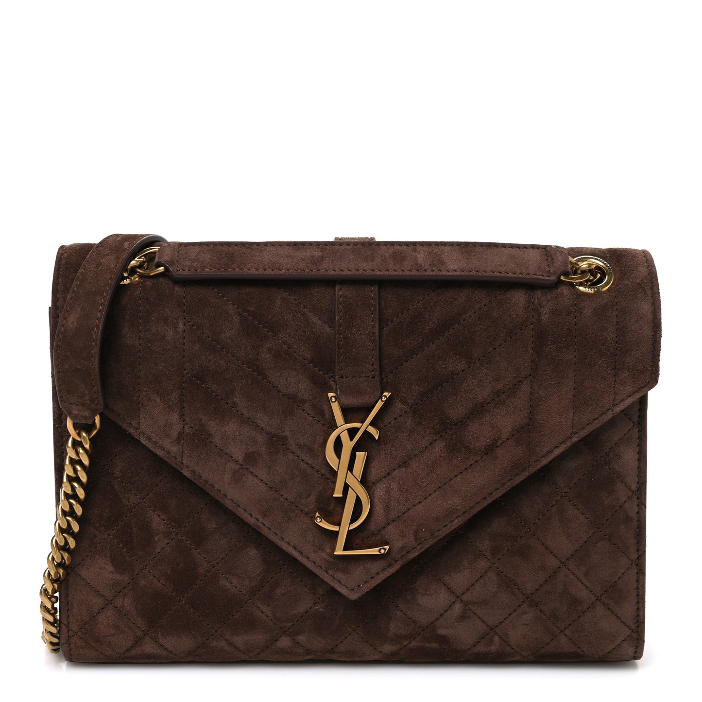 Suede Mixed Matelasse Triquilt Medium Monogram Envelope Satchel Bark Brown