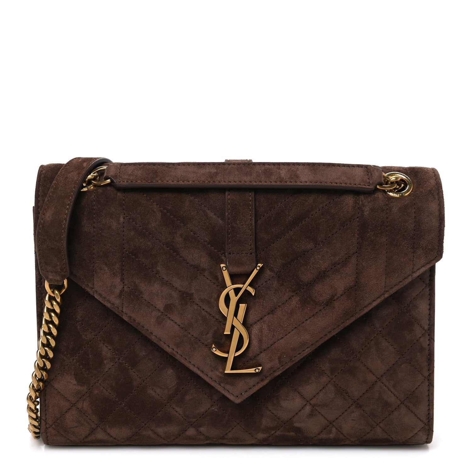 Saint Laurent Suede Mixed Matelasse Triquilt Medium Monogram Envelope Satchel Bark Brown 1 of 10