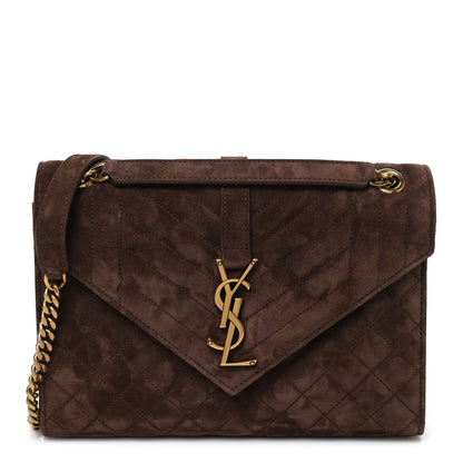Saint Laurent Suede Mixed Matelasse Triquilt Medium Monogram Envelope Satchel Bark Brown 1 of 10
