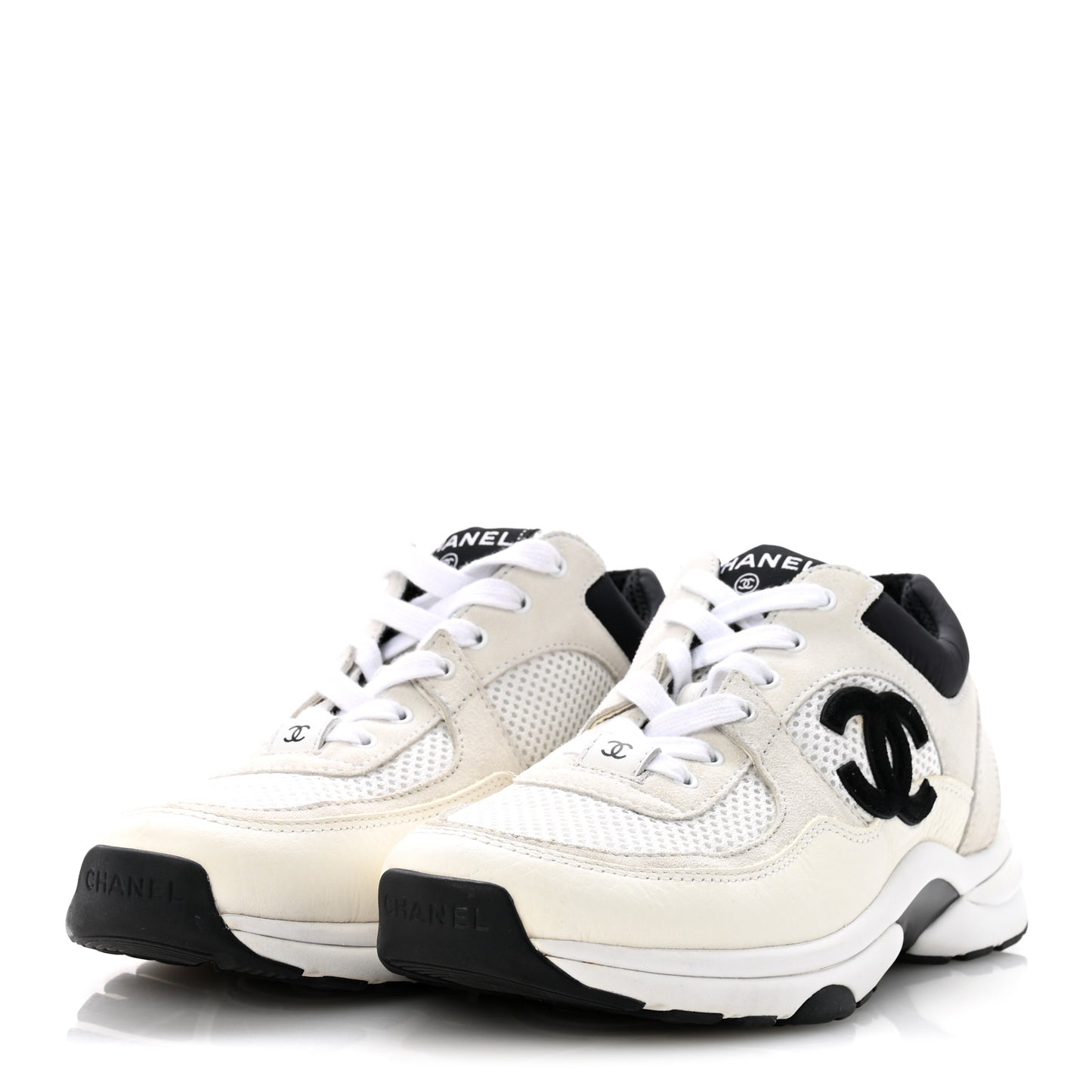 Mesh Suede Calfskin Grained Calfskin Womens CC Sneakers 37.5 White Black