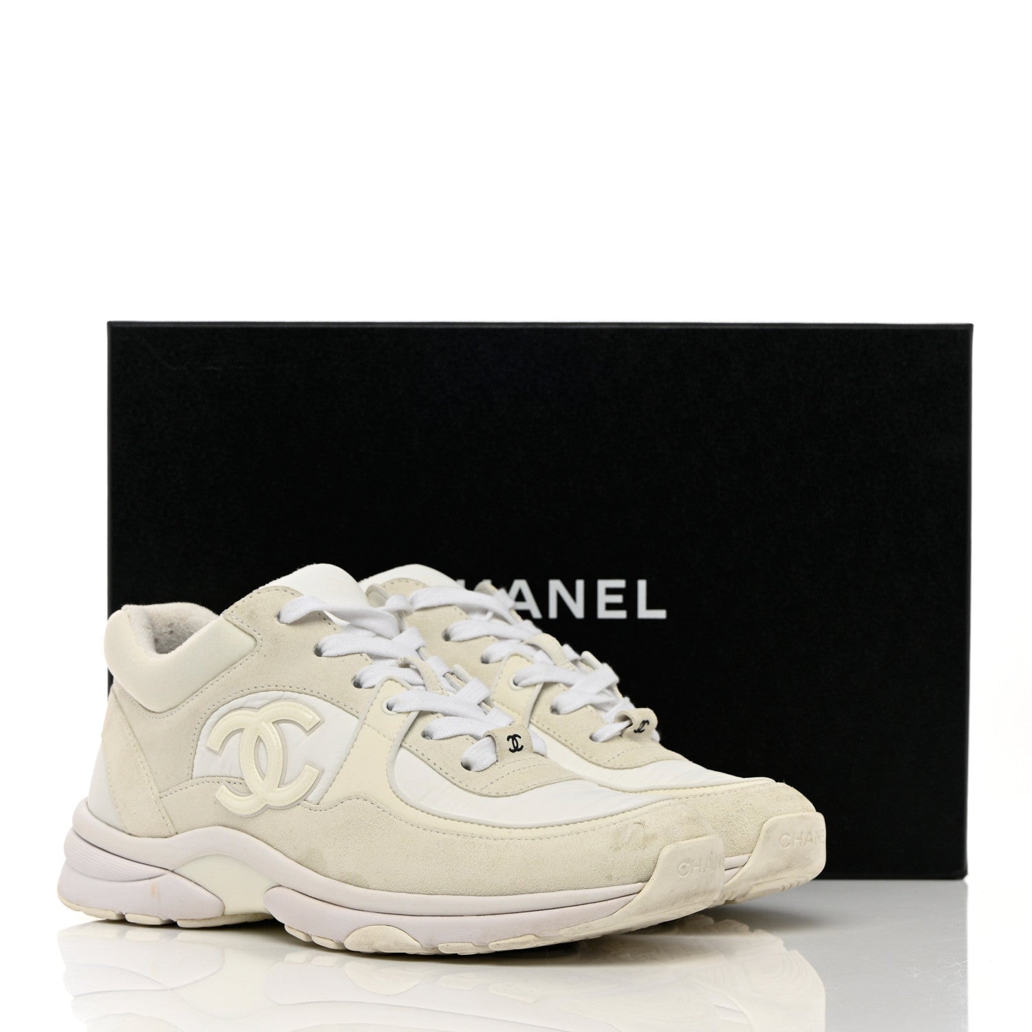 Chanel Suede Calfskin Fabric CC Sneakers 38 White 21 of 21