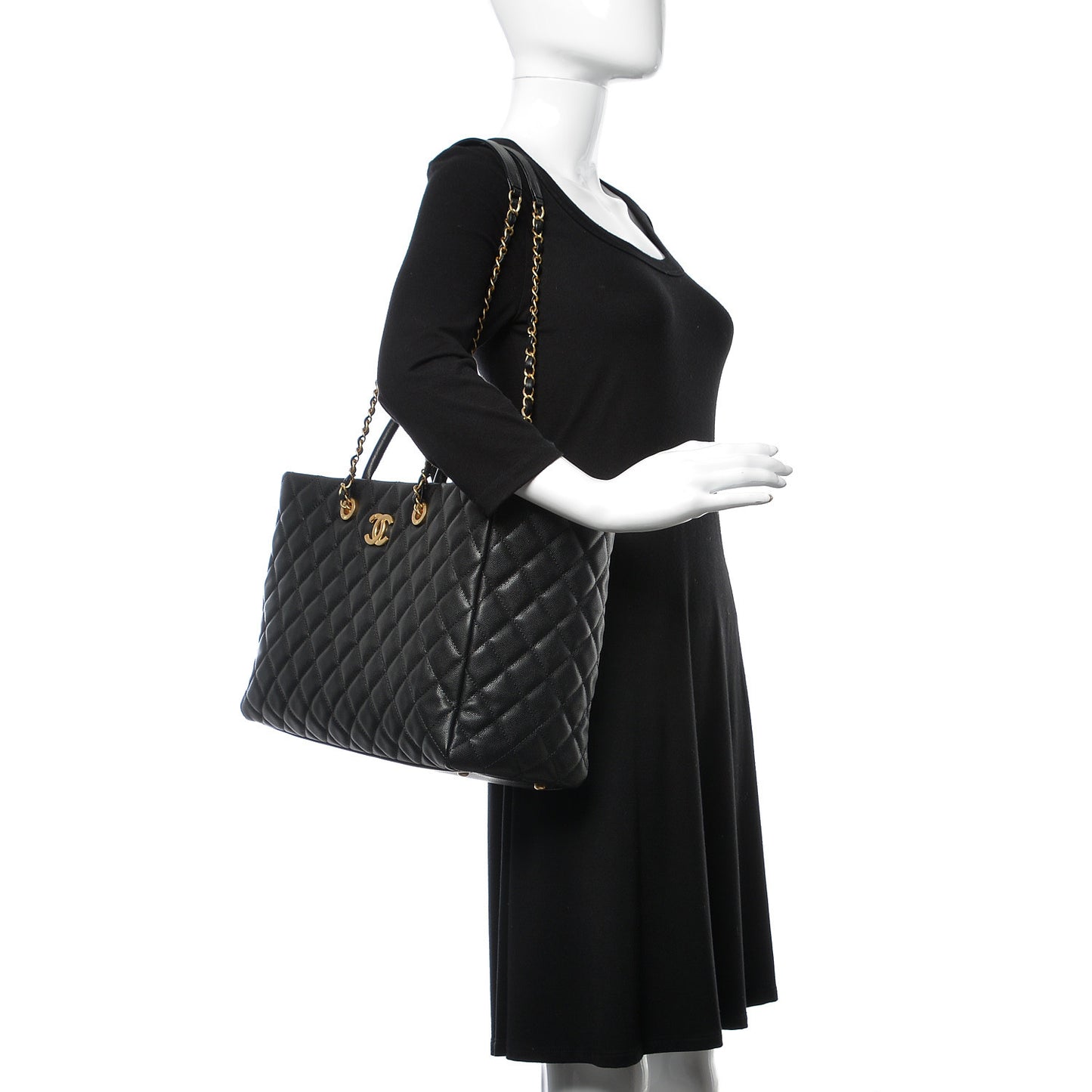 Caviar Quilted Large Coco Handle Shopping Tote Black