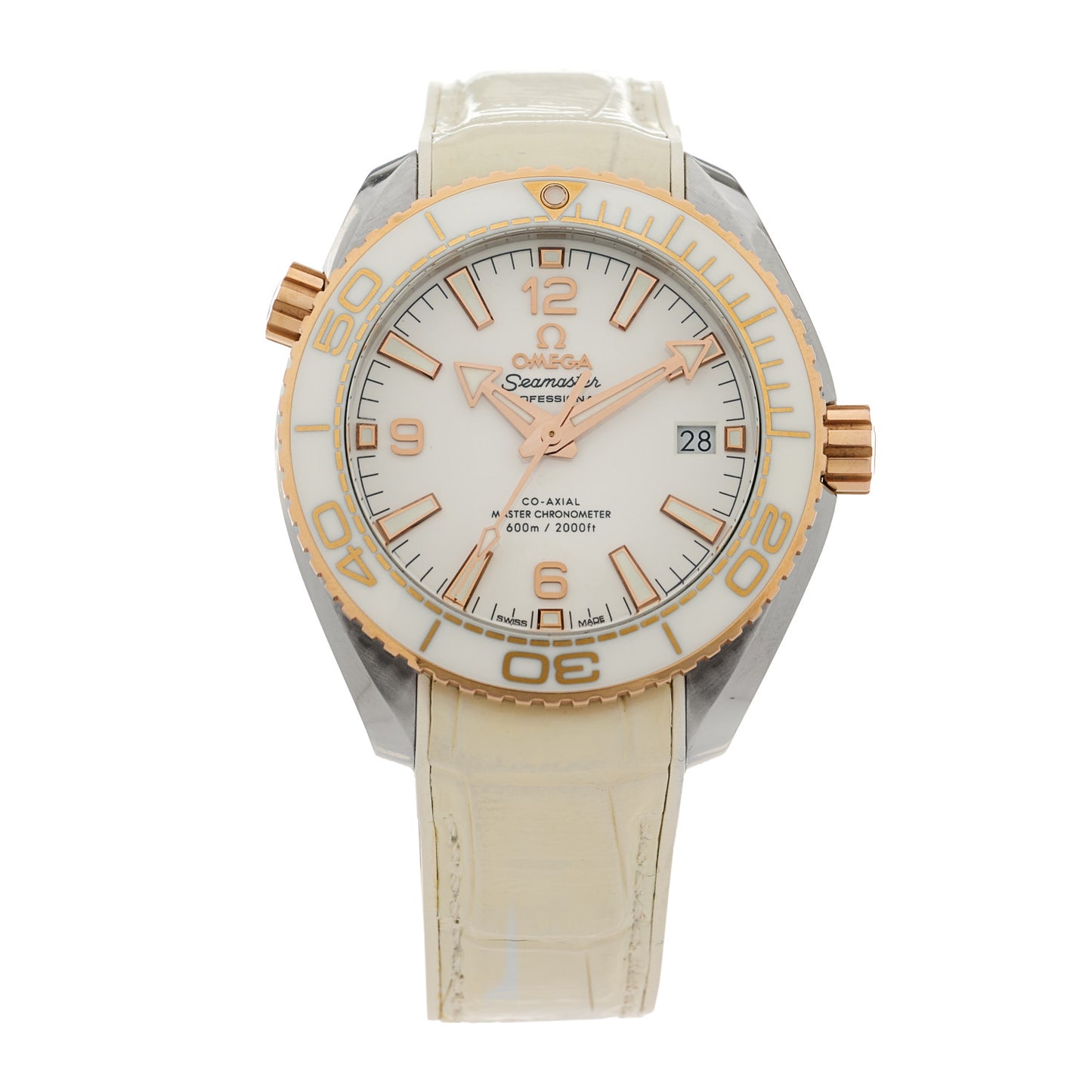 Stainless Steel 18K Sedna Gold Alligator 39.5mm Seamaster Planet Ocean Co-Axial Automatic Watch White 215.23.40.20.04.001