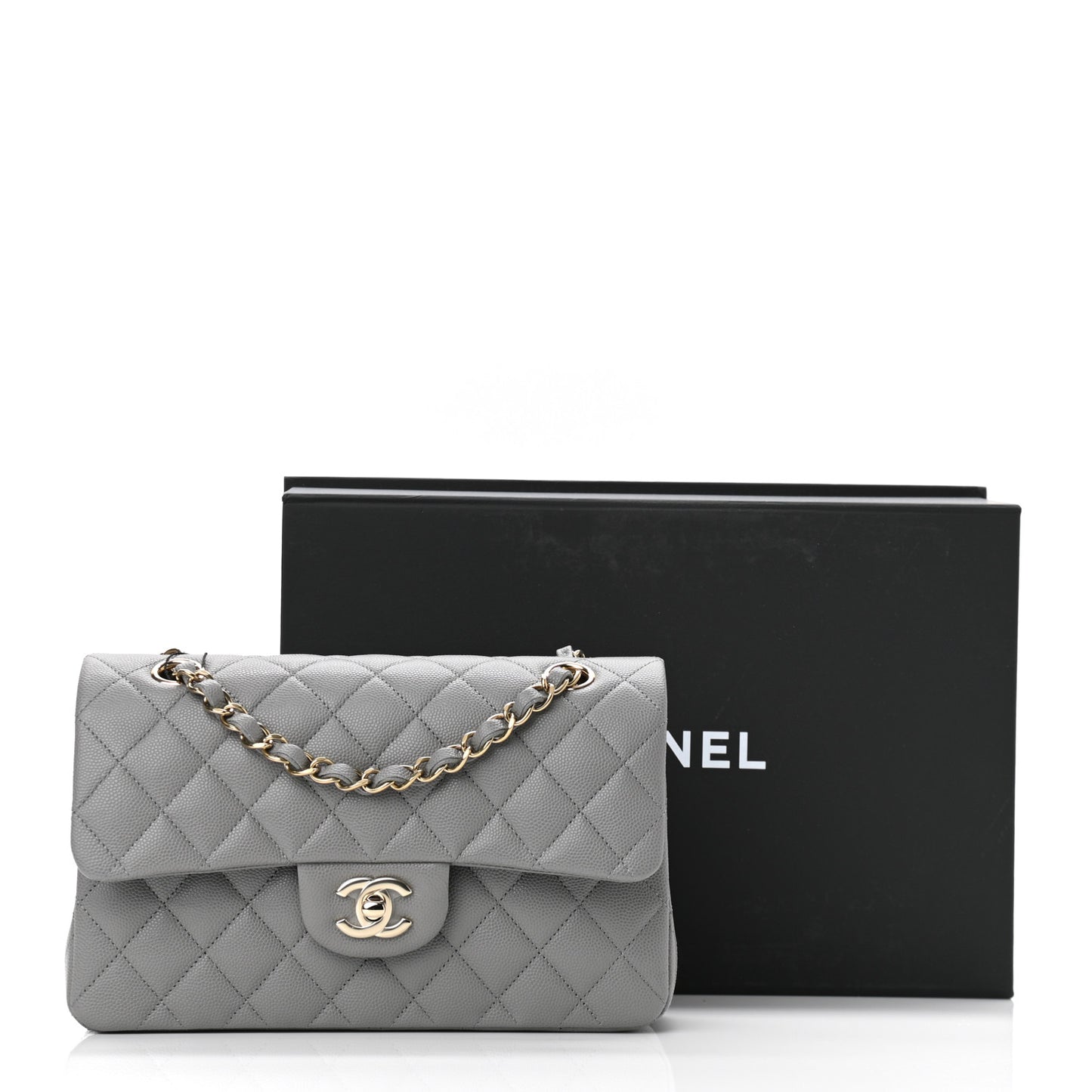 Caviar Quilted Small Double Flap Grey