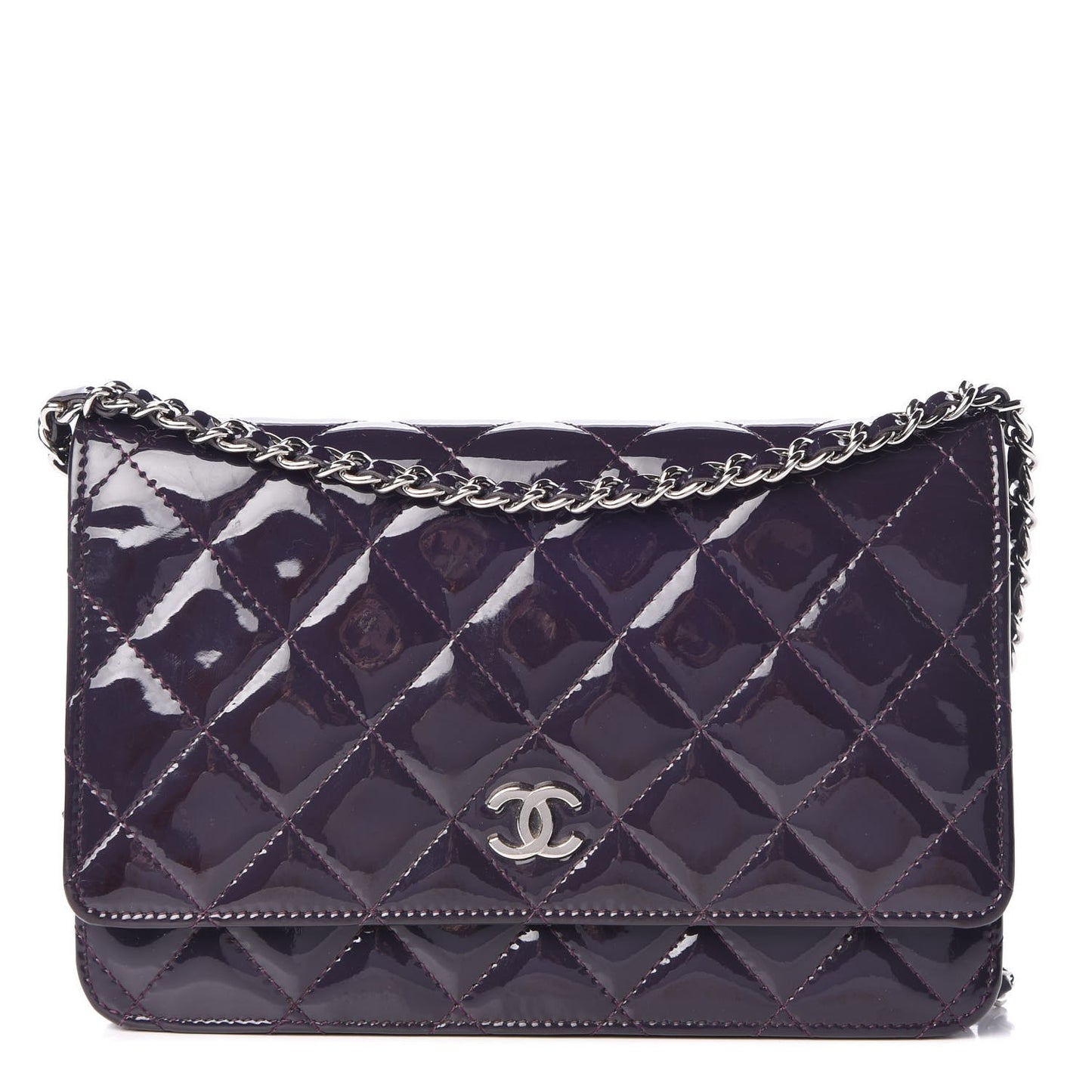 Patent Quilted Wallet On Chain WOC Dark Purple