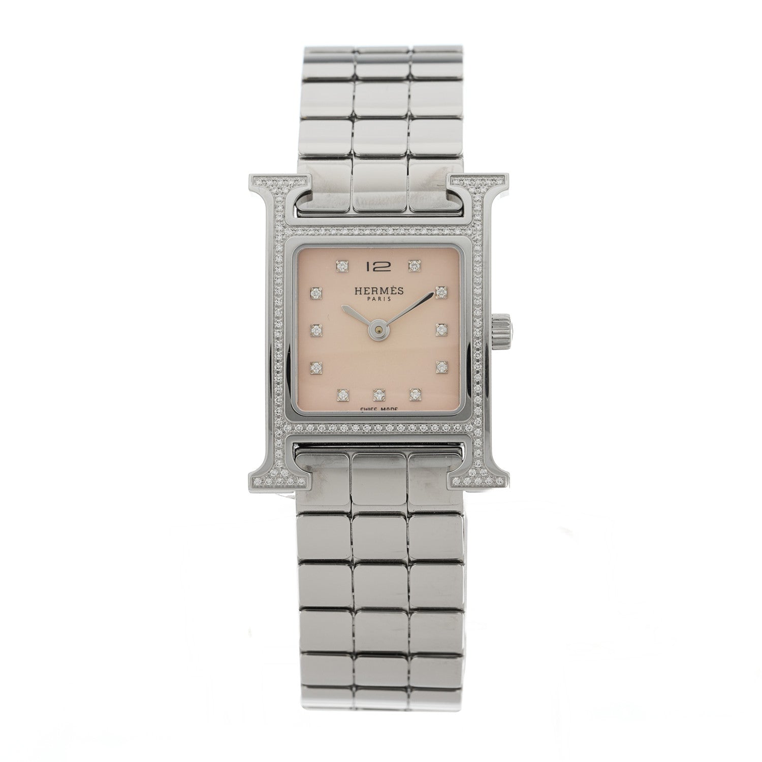 Hermes Stainless Steel Diamond Bezel Mother of Pearl 21mm Heure H Hour Quartz Watch 1 of 6