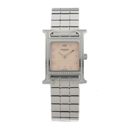 Hermes Stainless Steel Diamond Bezel Mother of Pearl 21mm Heure H Hour Quartz Watch 1 of 6