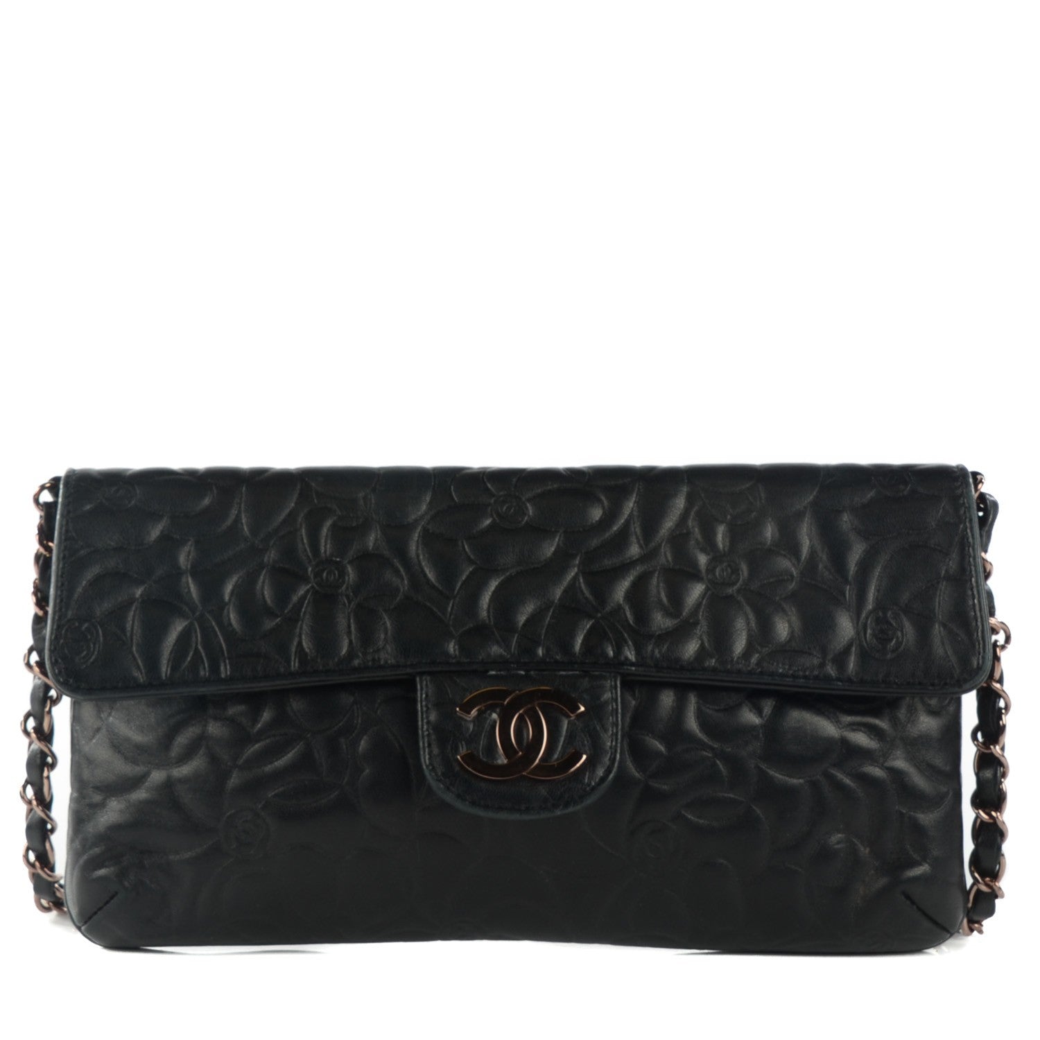 Chanel Lambskin Camellia Embossed Flap Pochette Black 1 of 8