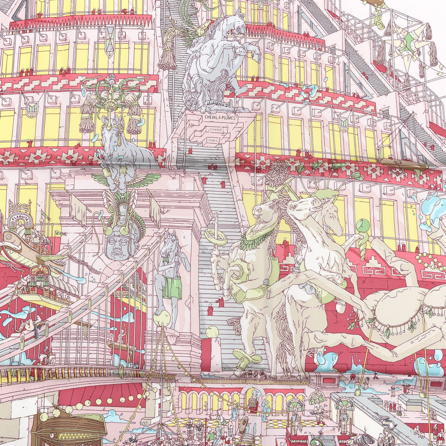 Silk La Legende Du Cheval A Plumes Scarf 90 Rose Pale Jaune Vif Turquoise