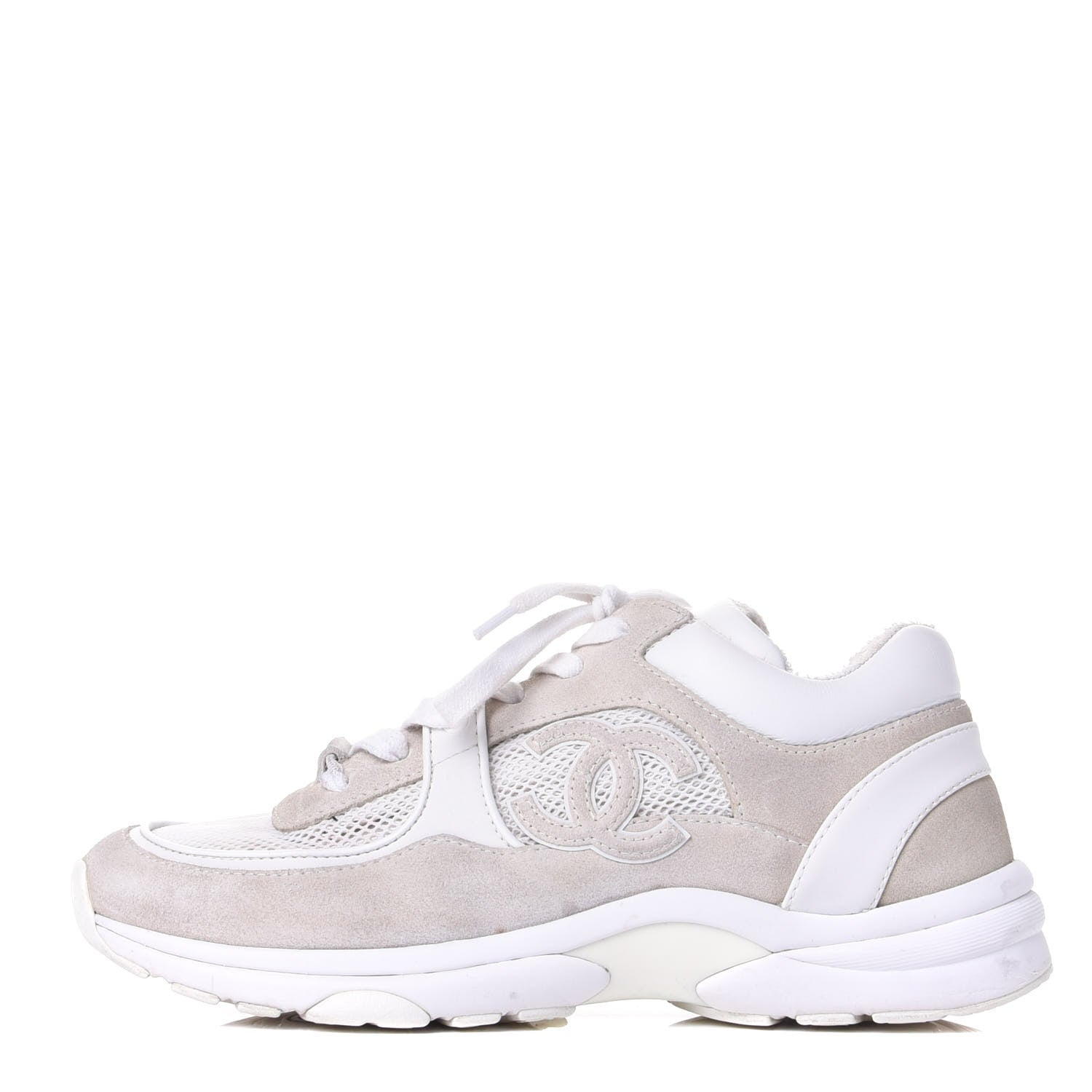 Chanel Suede Calfskin Fabric CC Sneakers 37.5 White Grey 1 of 11