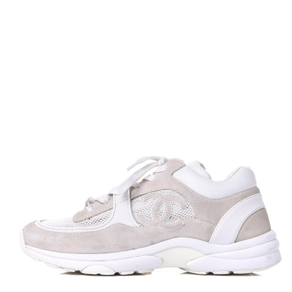 Chanel Suede Calfskin Fabric CC Sneakers 37.5 White Grey 1 of 11