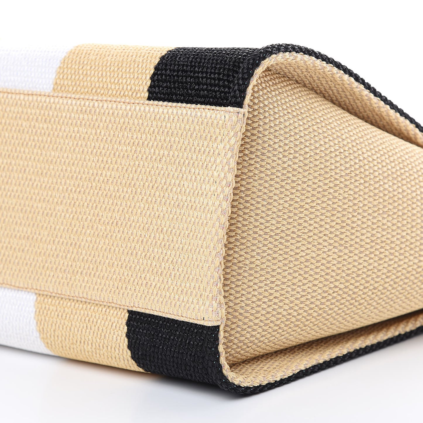 Straw Raffia Calfskin Striped Large Deauville Tote Black Beige Ivory