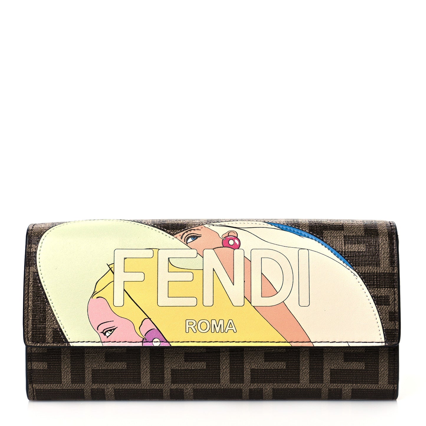 Glazed Fabric Vitello Liberty FF 1974 Logo Hairdo Girls Inlay Continental Wallet Mogano Panna Multicolor