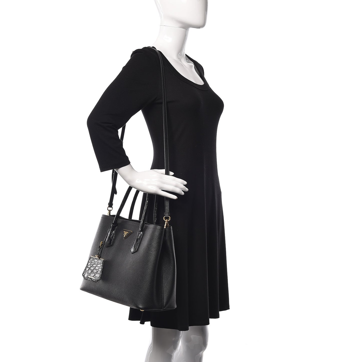 Saffiano Cuir Crocodile Small Double Bag Black