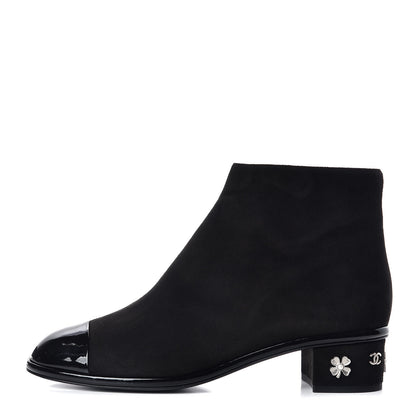 Chanel Kid Suede Patent Calfskin Charm Cap Toe Short Boots 42 Black 1 of 9