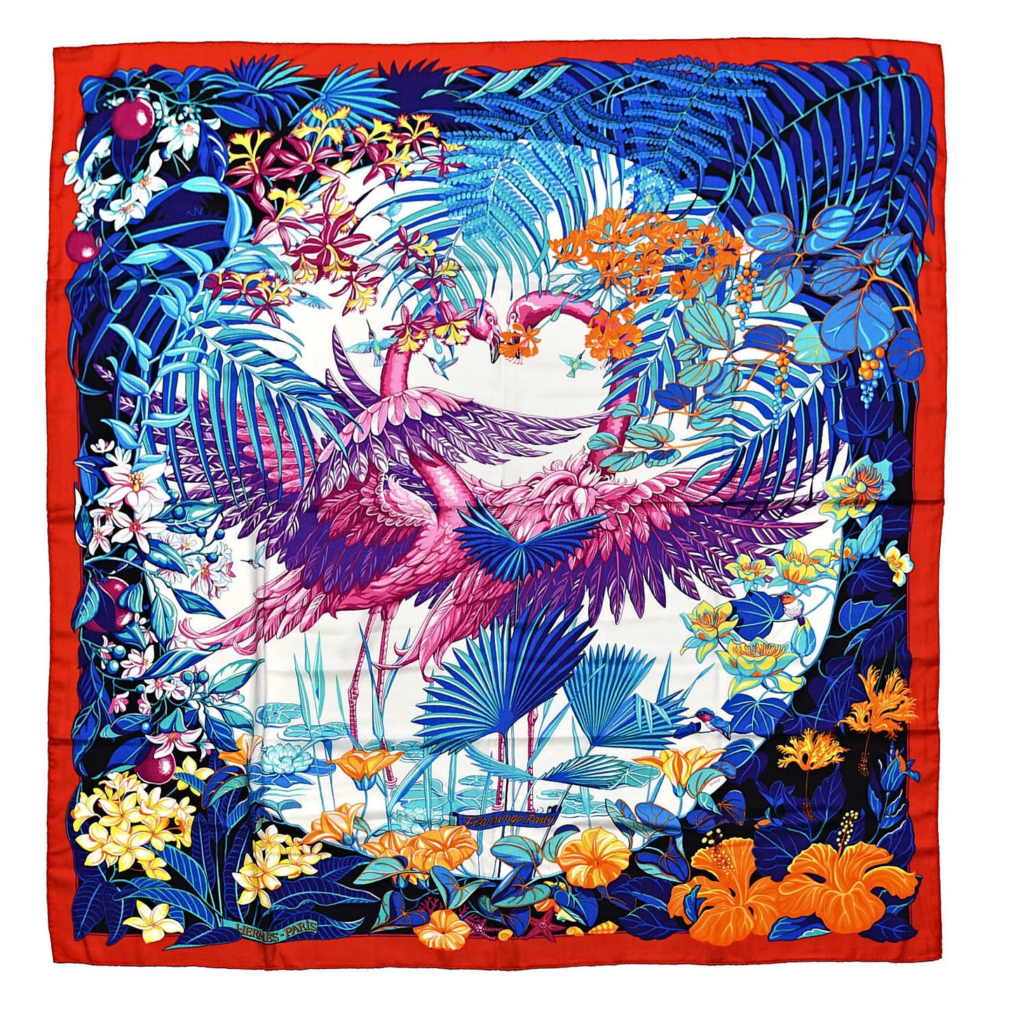 Cashmere Silk Flamingo Party Shawl 140 Rouge Vif Blanc Bleu