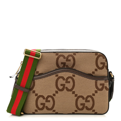 Gucci Monogram Jumbo GG Textured Dollar Calfskin Web Messenger Shoulder Bag Camel Ebony New Acero 1 of 10