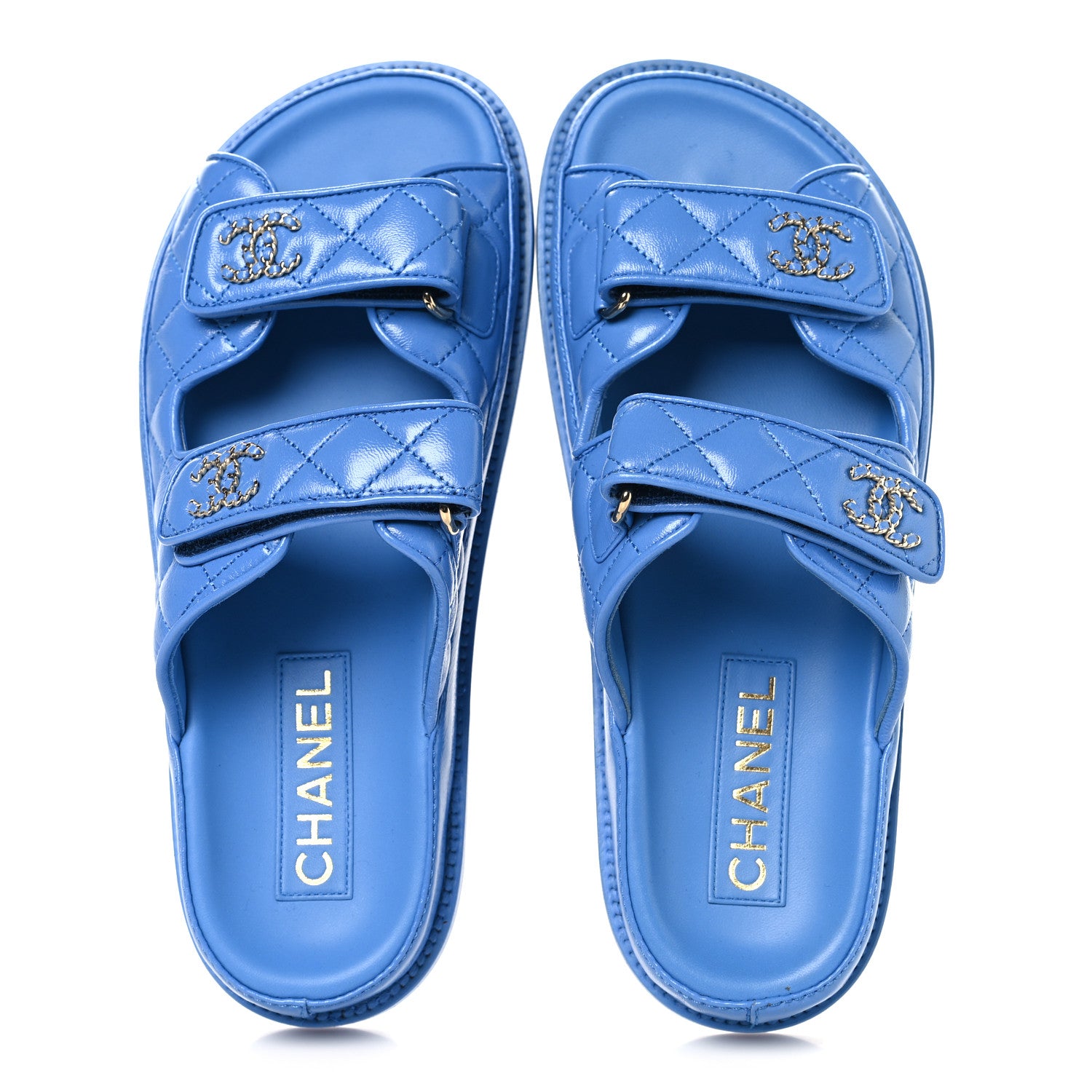Chanel Lambskin Quilted Velcro Dad Chain CC Slide Sandals 37 Blue 2 of 10
