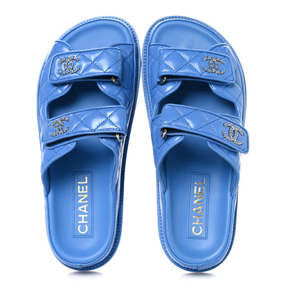 Chanel Lambskin Quilted Velcro Dad Chain CC Slide Sandals 37 Blue 2 of 10
