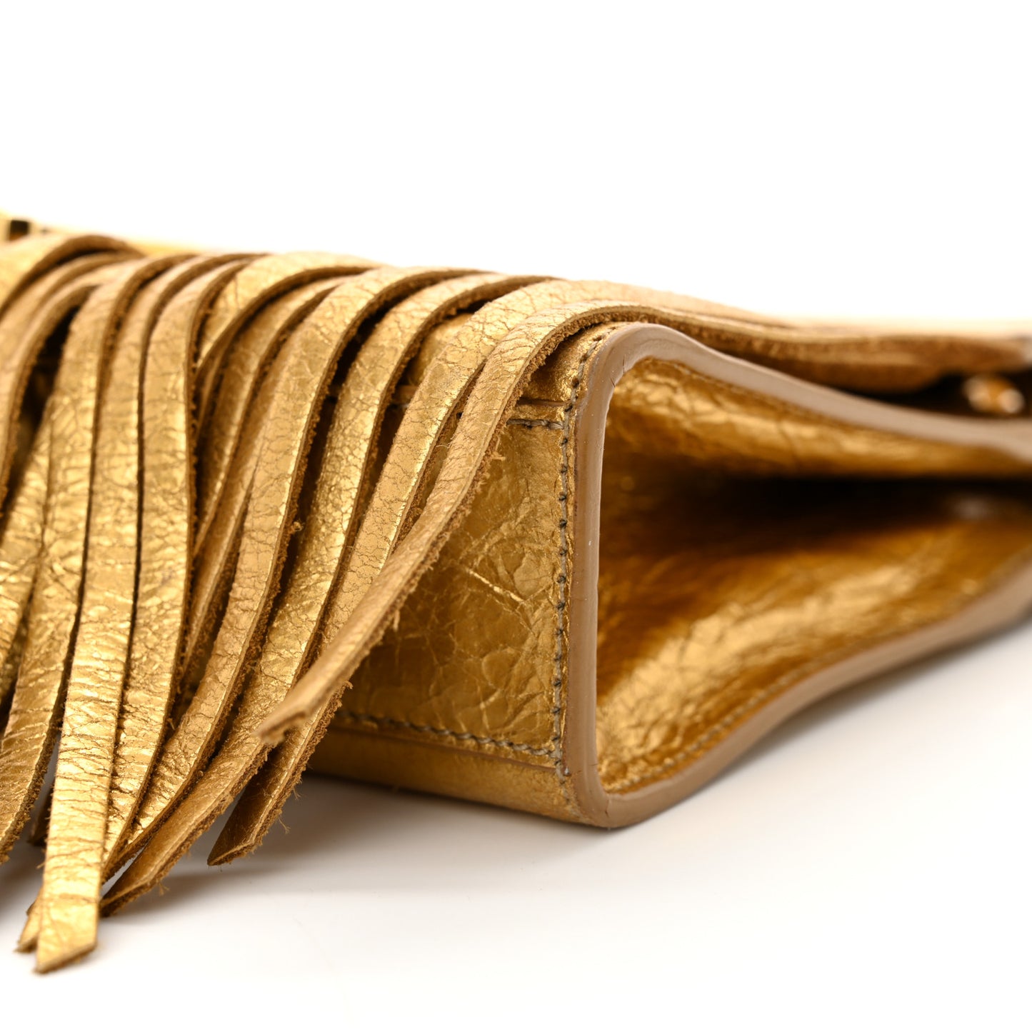 Metallic Calfskin Fringe Small Monogram Satchel Gold