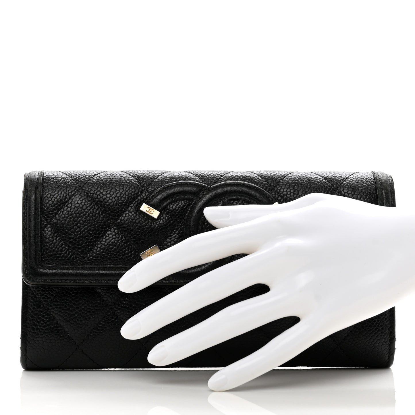 Caviar Quilted Filigree Large Gusset Flap Wallet Black