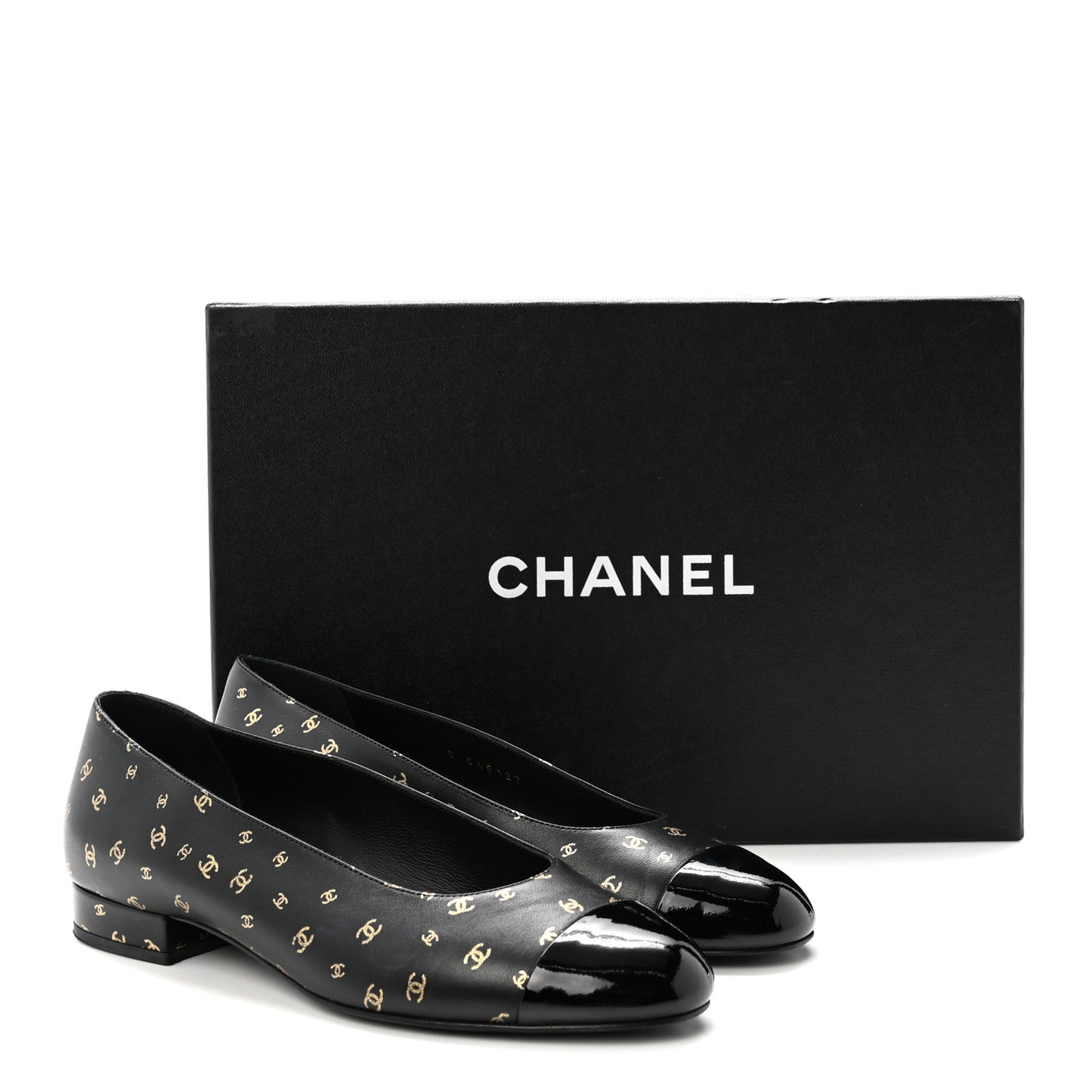 Lambskin Patent Calfskin Printed CC Cap Toe Ballerina Flats 36 Black Gold