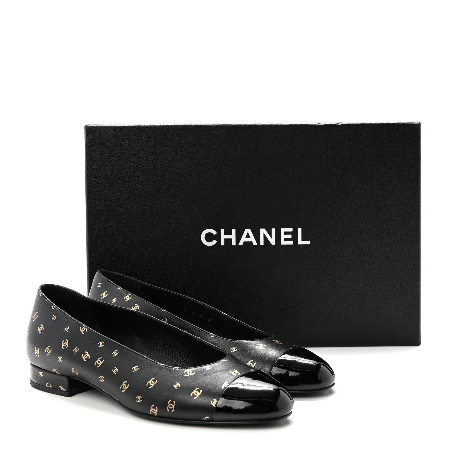 Chanel Lambskin Patent Calfskin Printed CC Cap Toe Ballerina Flats 36 Black Gold 10 of 10